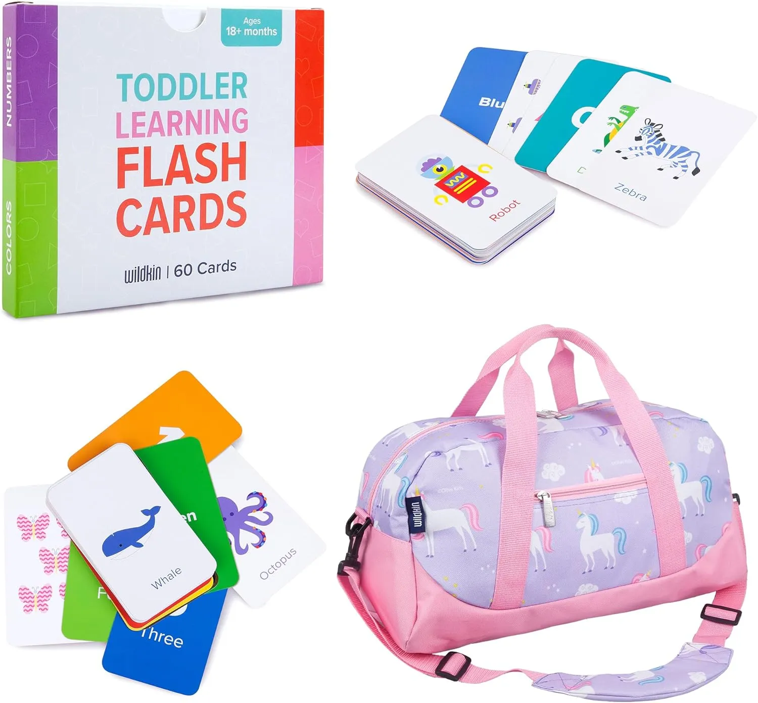 Wildkin Overnighter Duffel Bag and Learning Flash Cards Bundle: Fun Playtime Duo - Ignite Knowledge and Carry Comfort in One (Unicorn)