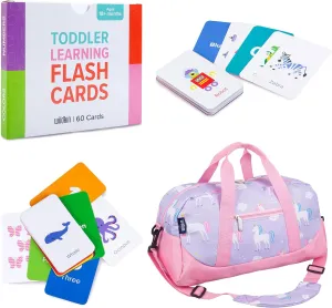 Wildkin Overnighter Duffel Bag and Learning Flash Cards Bundle: Fun Playtime Duo - Ignite Knowledge and Carry Comfort in One (Unicorn)