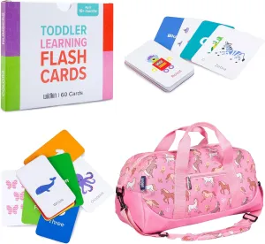 Wildkin Overnighter Duffel Bag and Learning Flash Cards Bundle: Fun Playtime Duo - Ignite Knowledge and Carry Comfort in One (Wild Horses)