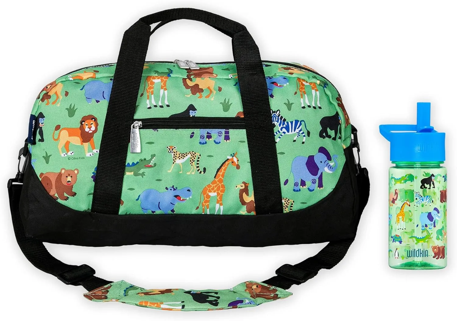 Wildkin Overnighter Duffel Bag Bundle with 16 Ounce Reusable Water Bottle (Wild Animals)