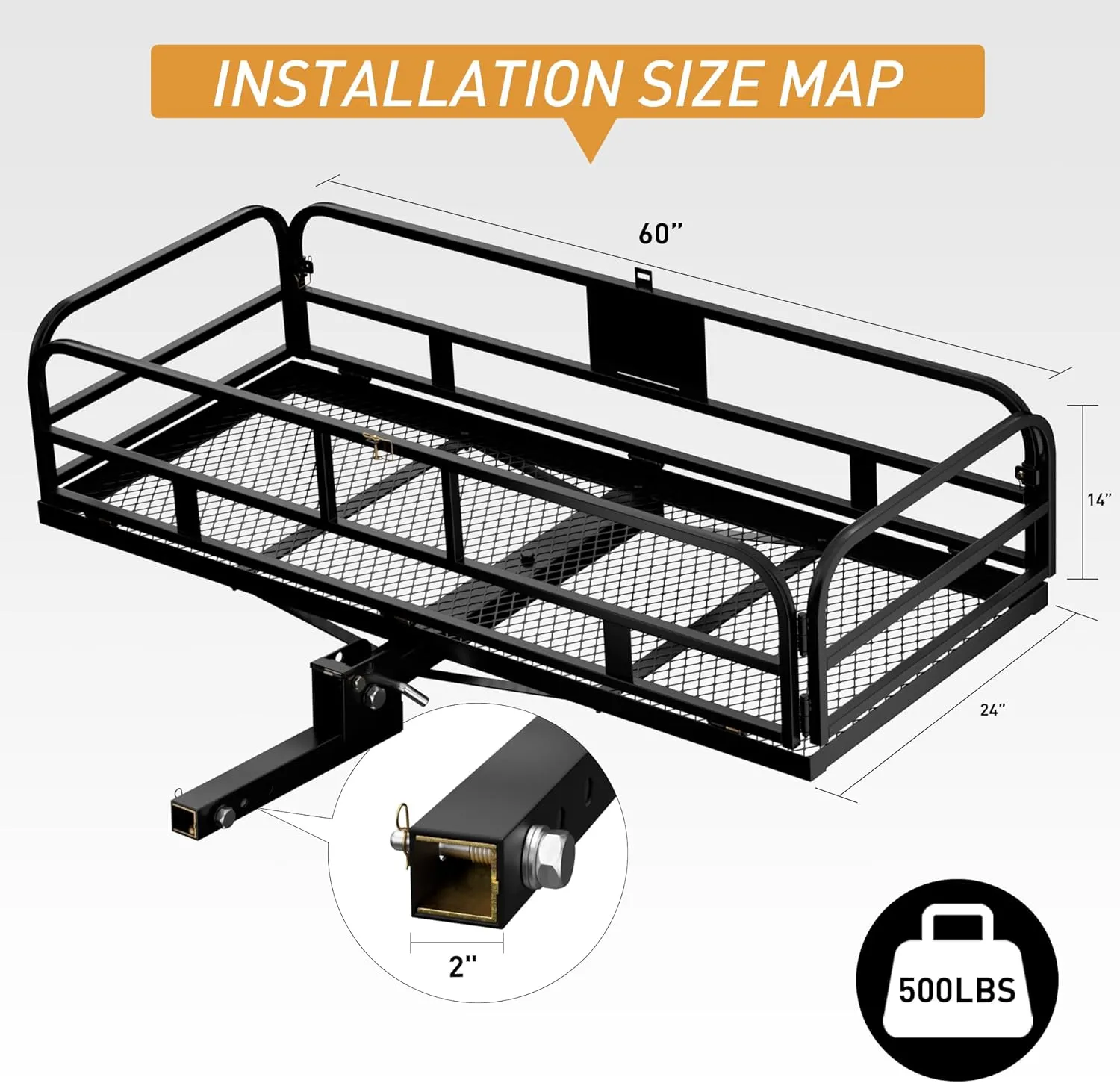 Wildroad Hitch Mount Cargo Carrier Basket 500 LBS Folding Vehicle Cargo Baskets 60" x 24" x 14" Fits 2" Receiver with 2" Hitch Stabilizer for SUV, Pickup Truck, Trailer