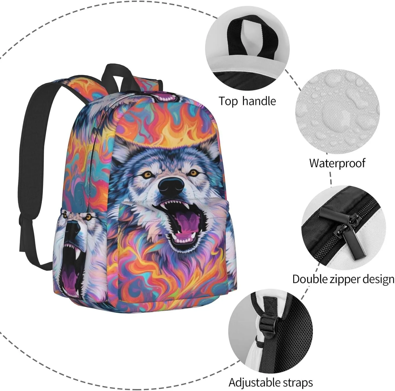 Wolf Roar Fire Adult Backpacks 15 Inch Laptop Backpack Travel Bag for Men Women Gifts