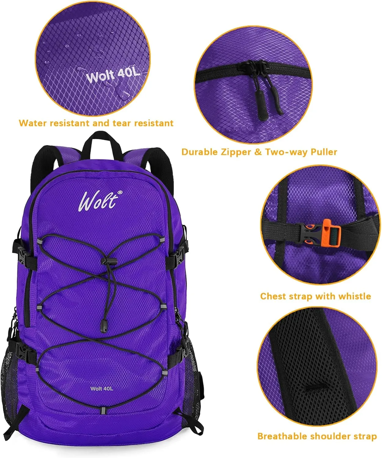WOLT 40L Packable Travel Backpack, Foldable Lightweight Backpack for Men Women,Waterproof Hiking Bag for Outdoor Camping (Purple)