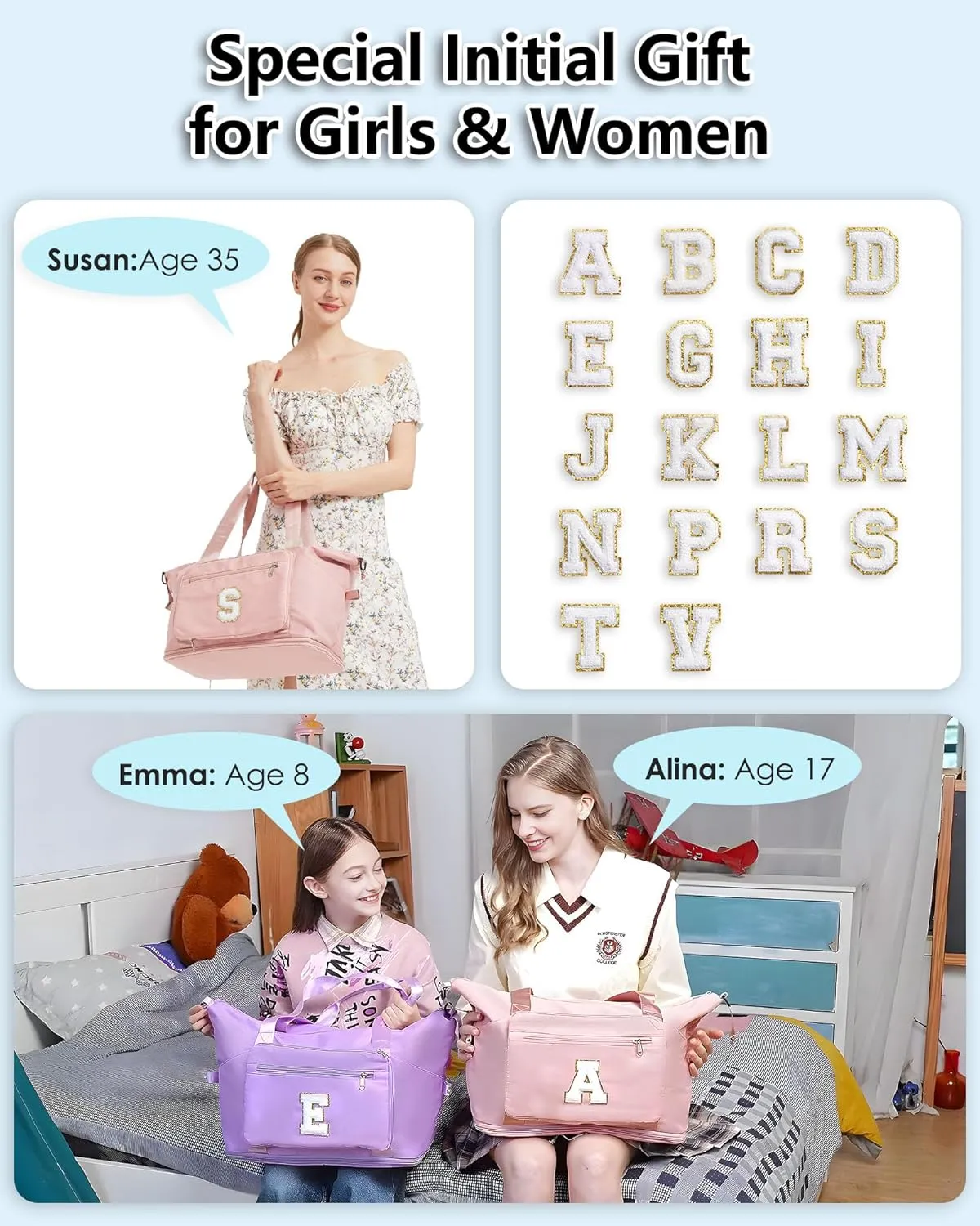Women & Teenage Girl Gifts, Weekender Bags for Women Travel, Initial Large Overnight Weekend Duffel Bags for Traveling with Shoe Compartment,GYM Duffle Bag for Kids Preteen Tween-Pink M