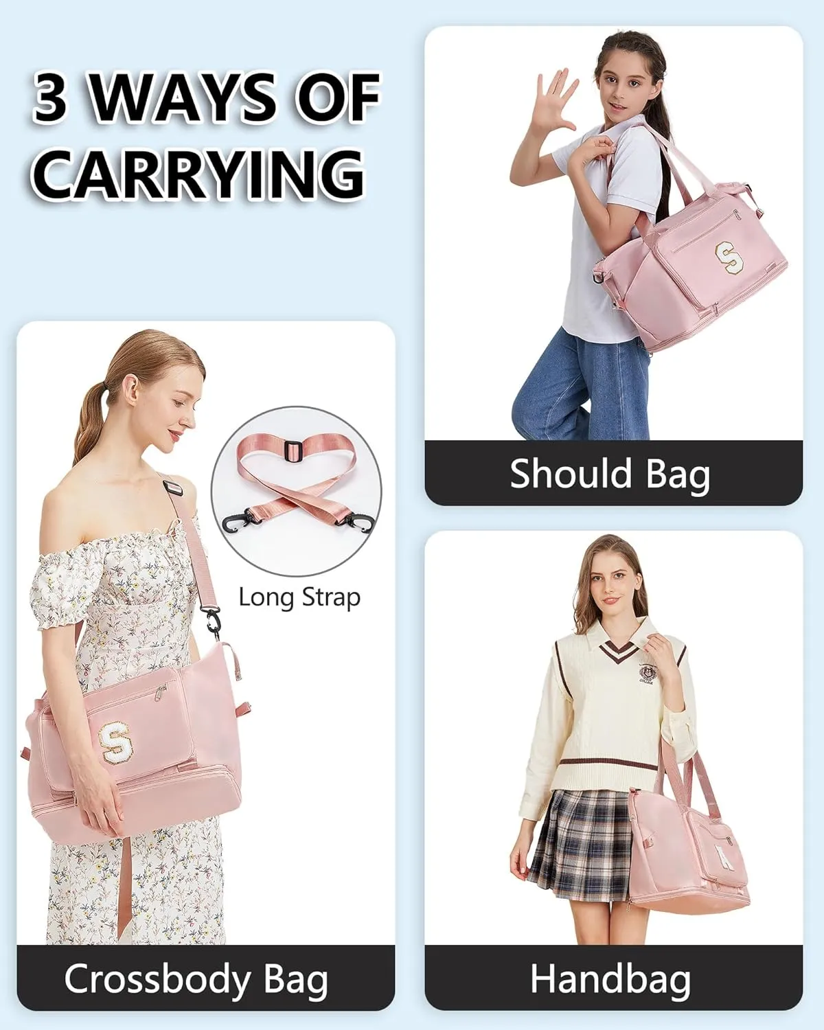 Women & Teenage Girl Gifts, Weekender Bags for Women Travel, Initial Large Overnight Weekend Duffel Bags for Traveling with Shoe Compartment,GYM Duffle Bag for Kids Preteen Tween-Pink M