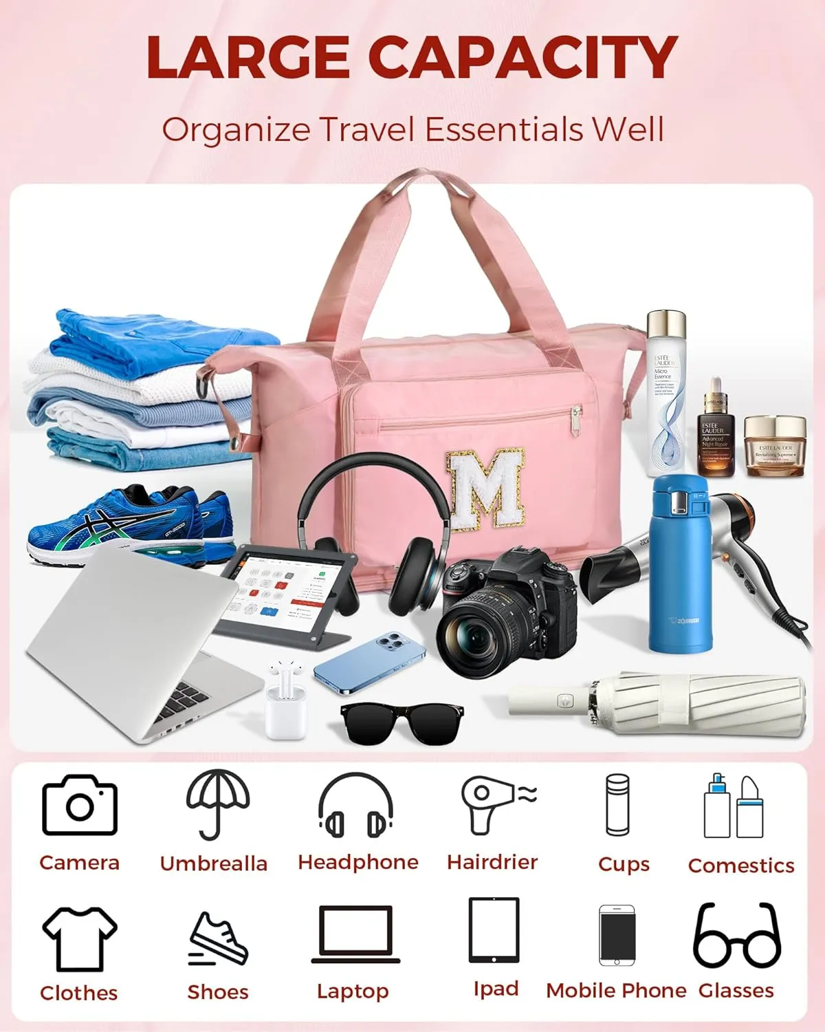Women & Teenage Girl Gifts, Weekender Bags for Women Travel, Initial Large Overnight Weekend Duffel Bags for Traveling with Shoe Compartment,GYM Duffle Bag for Kids Preteen Tween-Pink M