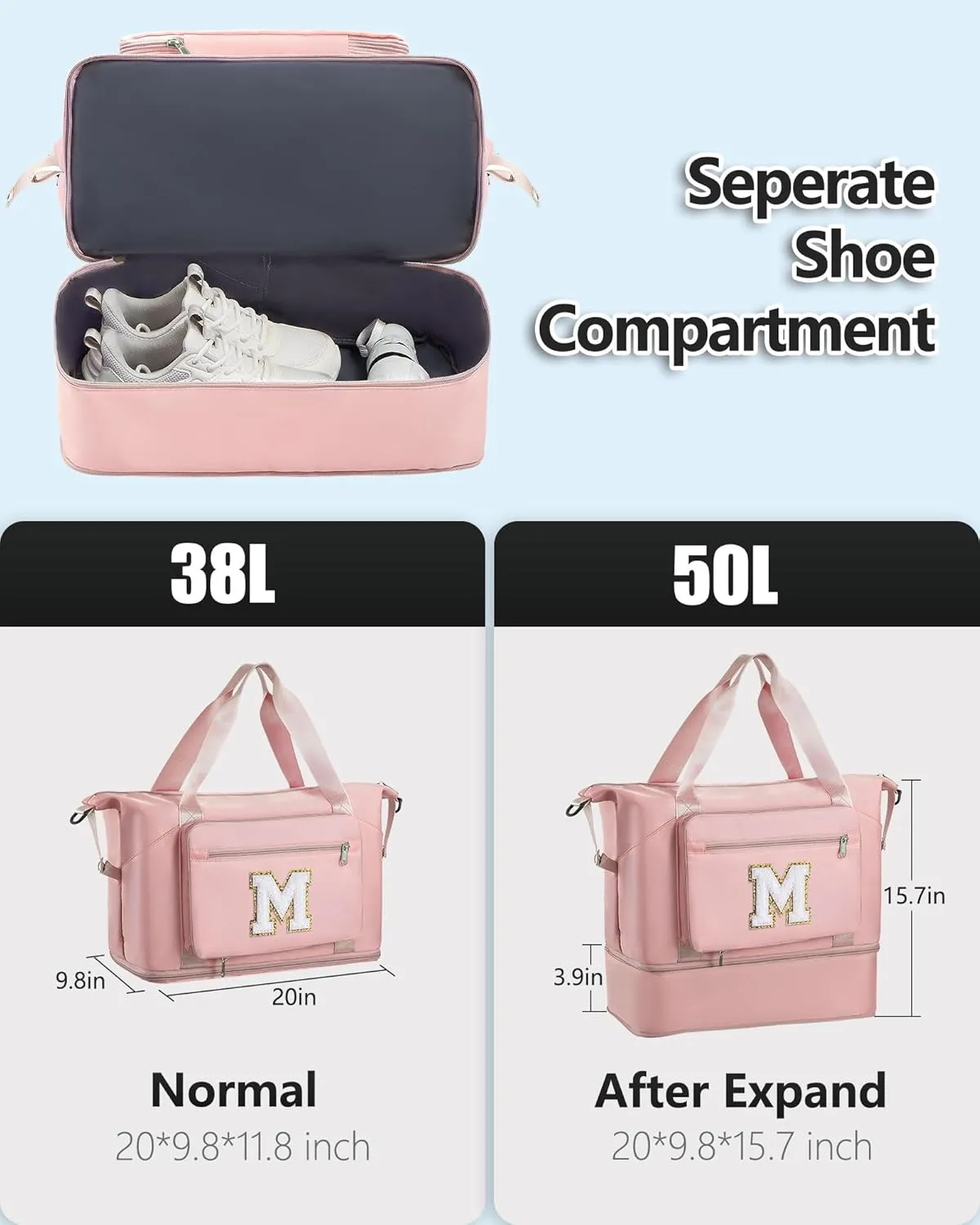 Women & Teenage Girl Gifts, Weekender Bags for Women Travel, Initial Large Overnight Weekend Duffel Bags for Traveling with Shoe Compartment,GYM Duffle Bag for Kids Preteen Tween-Pink M