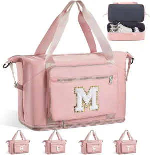 Women & Teenage Girl Gifts, Weekender Bags for Women Travel, Initial Large Overnight Weekend Duffel Bags for Traveling with Shoe Compartment,GYM Duffle Bag for Kids Preteen Tween-Pink M