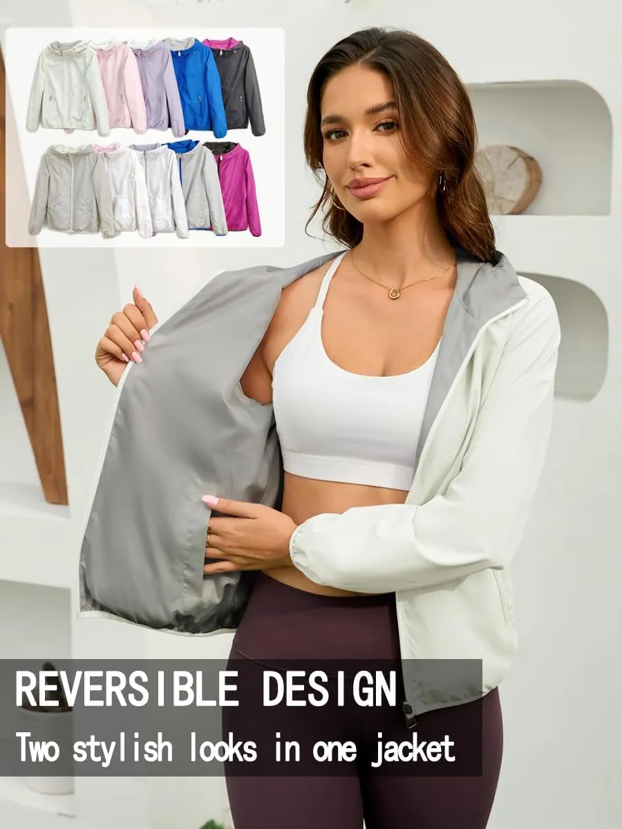 Womens Reversible Rain Jacket Lightweight Waterproof Windbreaker Jacket Outdoor Active Portable Raincoat