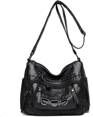 Women’s Soft Washed Leather Crossbody Bag – Fashionable Shoulder Bag, Middle-aged Mother’s Handbag(Black)