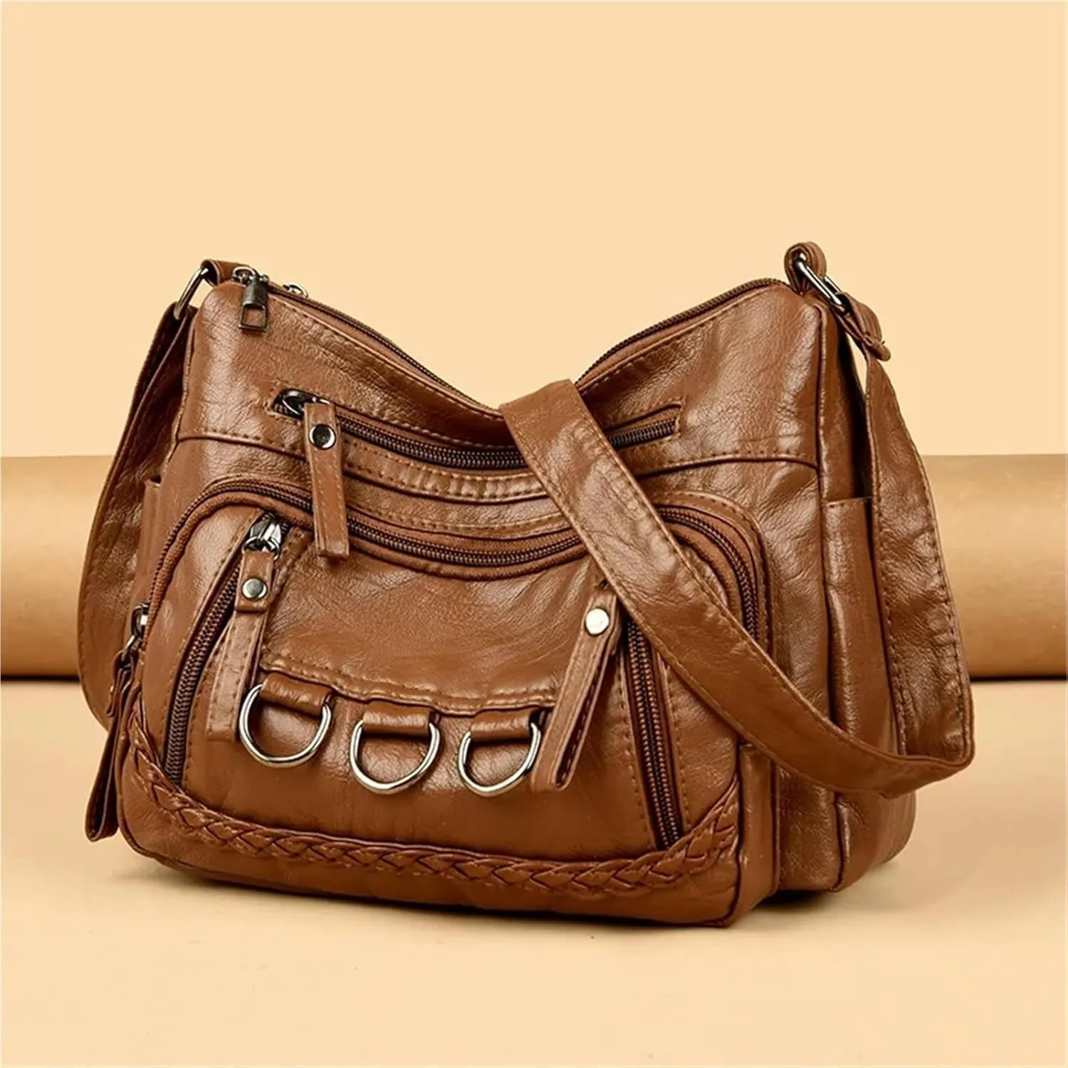 Women’s Soft Washed Leather Crossbody Bag – Fashionable Shoulder Bag, Middle-aged Mother’s Handbag(Black)