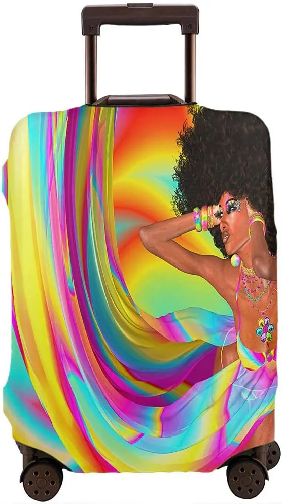 Wondertify African Woman Suitcase Cover Flowing Ribbons Outfit Afro Haircut 80 Style Disco Travel Elastic Protective Washable Suitcase Protector Fits 25 To 28 Inch Colorful