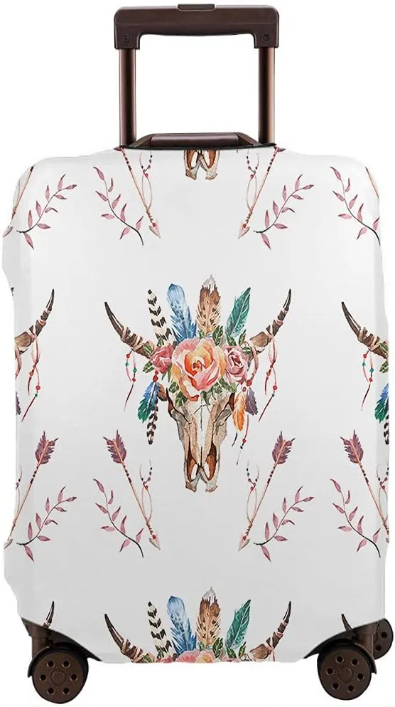 WONDERTIFY Boho Skull Travel Suitcase Protector Watercolor Buffalo Feathers Flowers Mexican Washable Elastic Luggage Cover With Concealed Zipper Fits 18-21 Inch