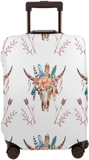 WONDERTIFY Boho Skull Travel Suitcase Protector Watercolor Buffalo Feathers Flowers Mexican Washable Elastic Luggage Cover With Concealed Zipper Fits 18-21 Inch