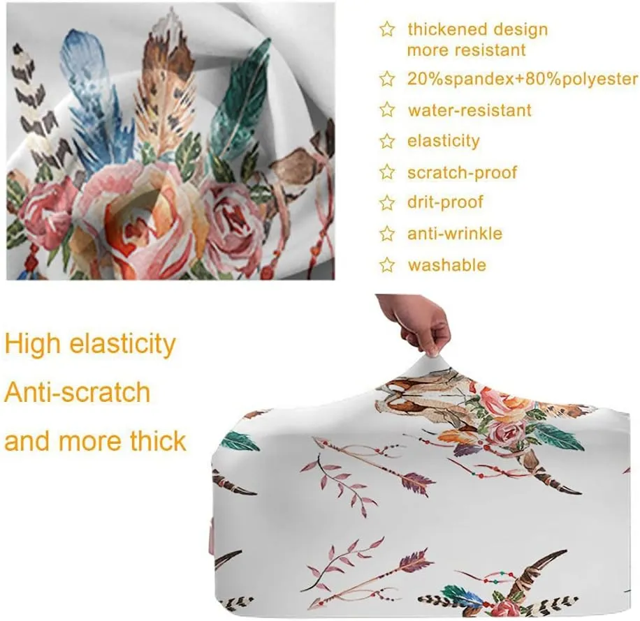 WONDERTIFY Boho Skull Travel Suitcase Protector Watercolor Buffalo Feathers Flowers Mexican Washable Elastic Luggage Cover With Concealed Zipper Fits 18-21 Inch
