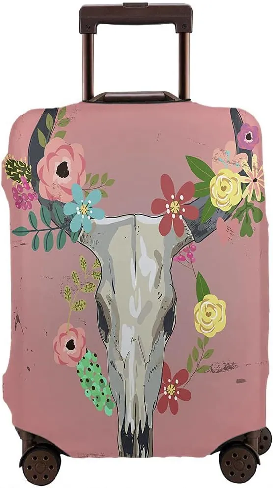 WONDERTIFY Bull Skull Flowers Travel Suitcase Protector Big Skeletons Decorations All Saints Day Halloween Washable Elastic Luggage Cover With Concealed Zipper Fits 18-21 Inch