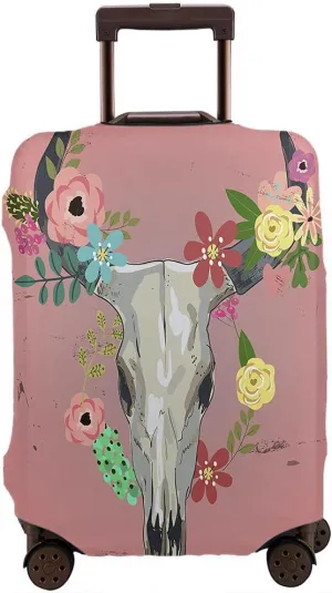 WONDERTIFY Bull Skull Flowers Travel Suitcase Protector Big Skeletons Decorations All Saints Day Halloween Washable Elastic Luggage Cover With Concealed Zipper Fits 18-21 Inch