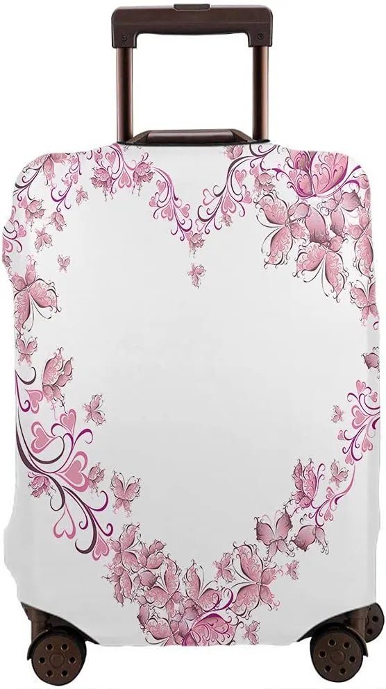 WONDERTIFY Floral Love Suitcase Cover Romantic Butterflies Flowers Heart Shape Valentine's Day Travel Elastic Protective Washable Suitcase Protector White Fits 25 To 28 Inch