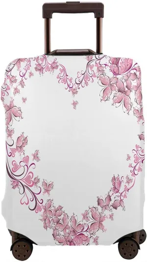 WONDERTIFY Floral Love Suitcase Cover Romantic Butterflies Flowers Heart Shape Valentine's Day Travel Elastic Protective Washable Suitcase Protector White Fits 25 To 28 Inch