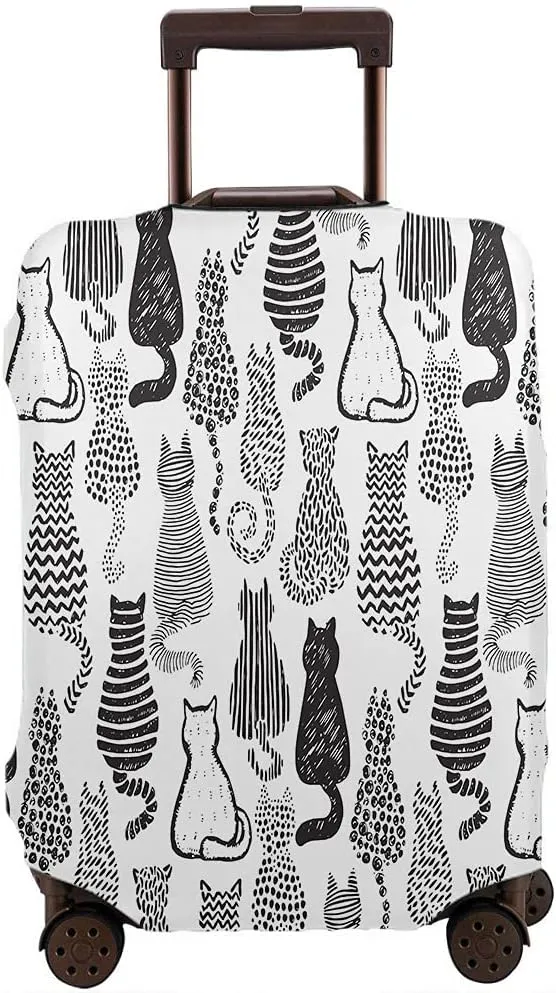 Wondertify Textured Cats Suitcase Cover Graphic Doodle Style Cute Kitty Set Travel Elastic Protective Washable Suitcase Protector Fits 25 To 28 Inch Black White
