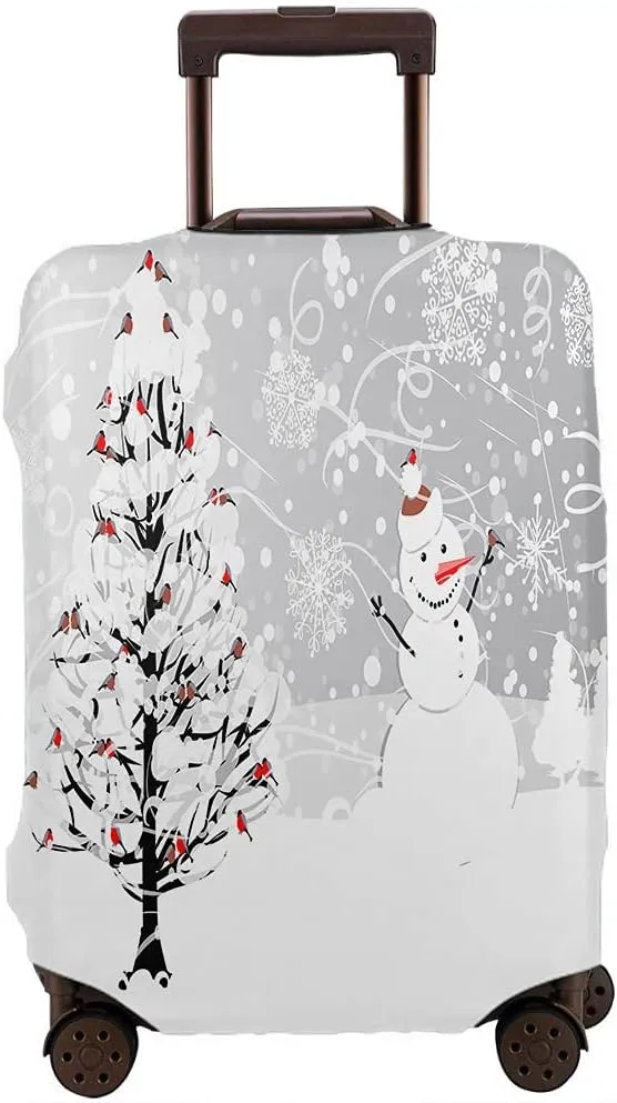 WONDERTIFY Tree Bullfinches Travel Suitcase Protector Snowflakes Birds Snowy Christmas Tree Cute Snowman Winter Holiday Elastic Washable Luggage Cover With Concealed Zipper Fits 29-32 Inch