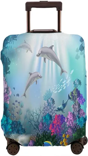 Wondertify Underwater World Travel Suitcase Protector Dolphins Plants Blue Ocean Bottom Aquatic Algae Fish Washable Elastic Luggage Cover With Concealed Zipper Fits 18-21 Inch