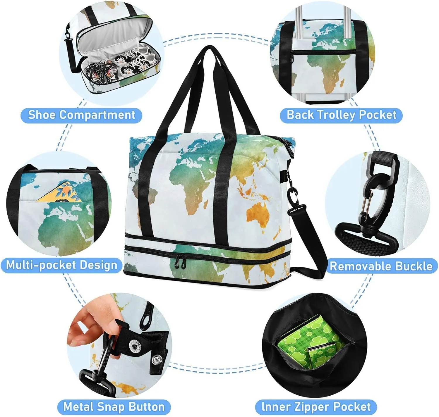 World Map in Watercolor Painting Abstract Splatters Foldable Travel Bag, Camping Luggage bag, Portable Gym Bag, Sports Bag, Toiletry Bag with Handles Adjustable Shoulder Strap