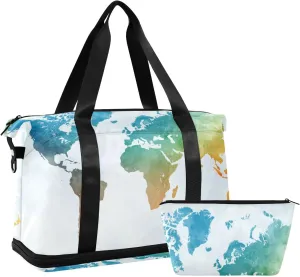 World Map in Watercolor Painting Abstract Splatters Foldable Travel Bag, Camping Luggage bag, Portable Gym Bag, Sports Bag, Toiletry Bag with Handles Adjustable Shoulder Strap