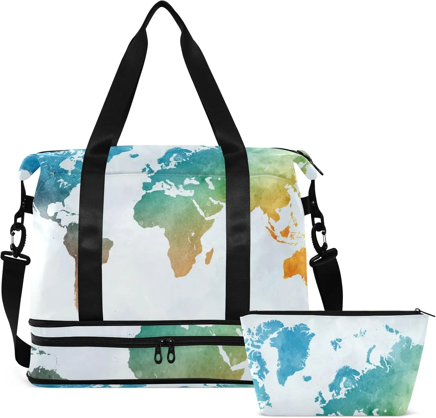 World Map in Watercolor Painting Abstract Splatters Foldable Travel Bag, Camping Luggage bag, Portable Gym Bag, Sports Bag, Toiletry Bag with Handles Adjustable Shoulder Strap