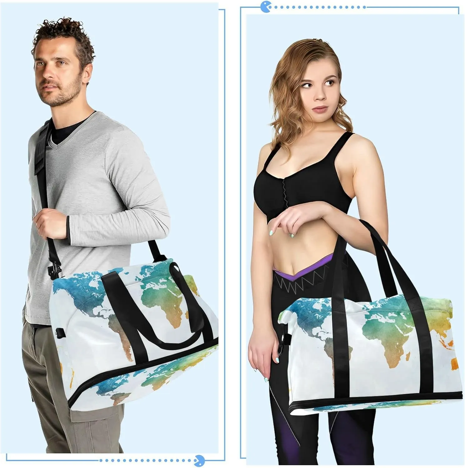 World Map in Watercolor Painting Abstract Splatters Foldable Travel Bag, Camping Luggage bag, Portable Gym Bag, Sports Bag, Toiletry Bag with Handles Adjustable Shoulder Strap