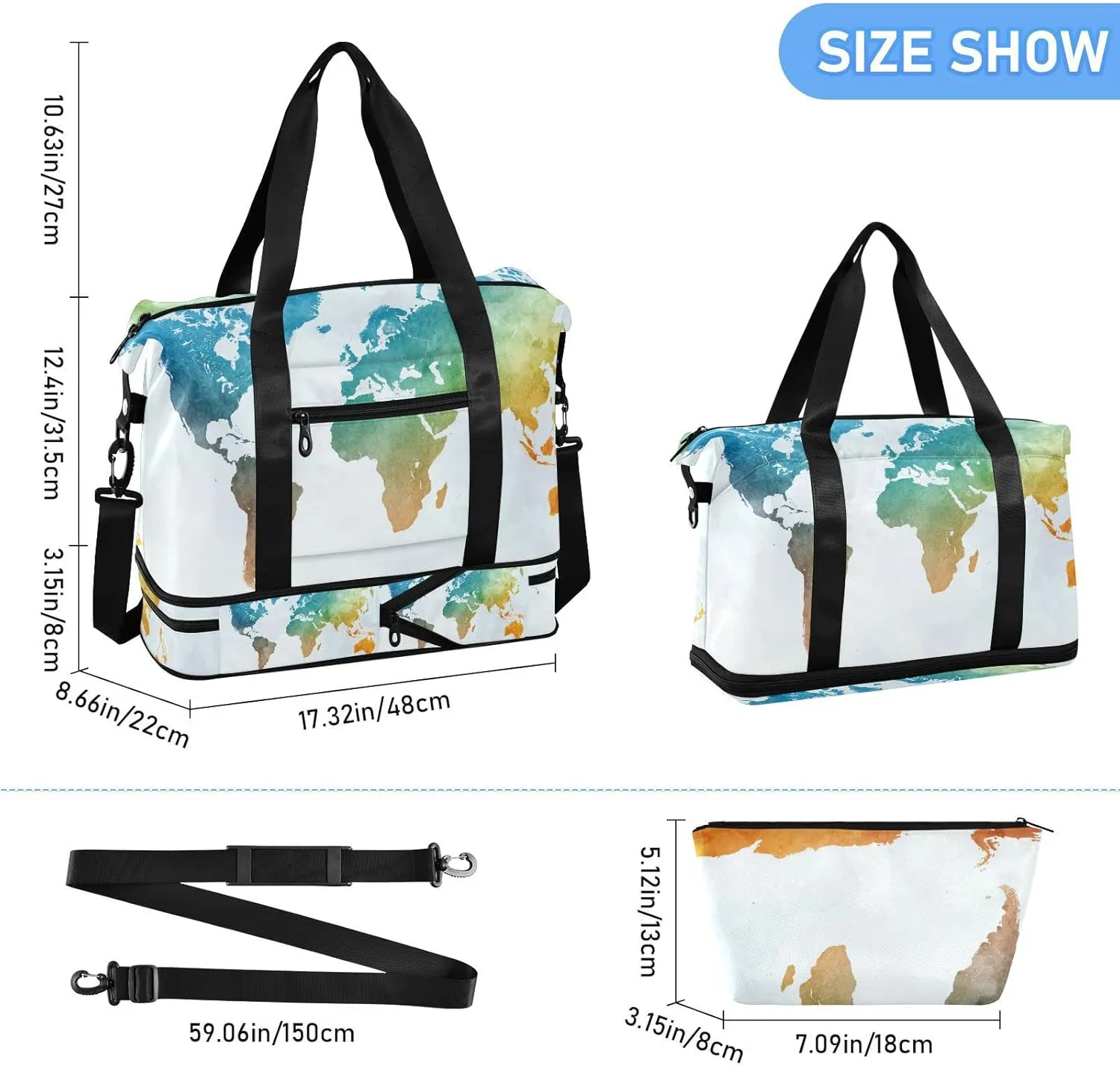 World Map in Watercolor Painting Abstract Splatters Foldable Travel Bag, Camping Luggage bag, Portable Gym Bag, Sports Bag, Toiletry Bag with Handles Adjustable Shoulder Strap