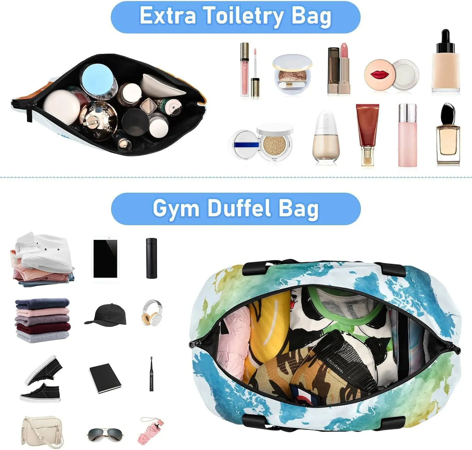 World Map in Watercolor Painting Abstract Splatters Foldable Travel Bag, Camping Luggage bag, Portable Gym Bag, Sports Bag, Toiletry Bag with Handles Adjustable Shoulder Strap