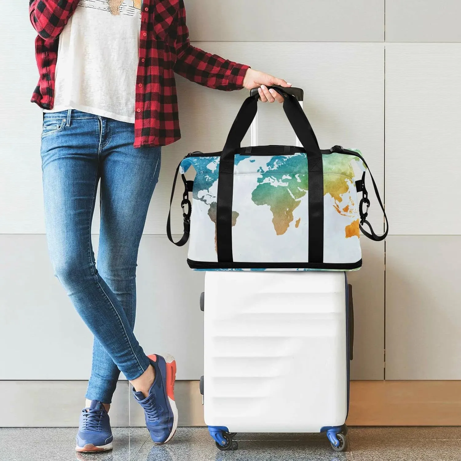 World Map in Watercolor Painting Abstract Splatters Foldable Travel Bag, Camping Luggage bag, Portable Gym Bag, Sports Bag, Toiletry Bag with Handles Adjustable Shoulder Strap