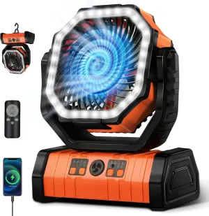 YOGIN Rechargeable Battery Powered Fan, 20000mAh Portable Camping Fan with 360° Adjustable Head, 4 Speeds & LED Light, Quiet Outdoor Fan for Tent, Desk, Travel, Home Use