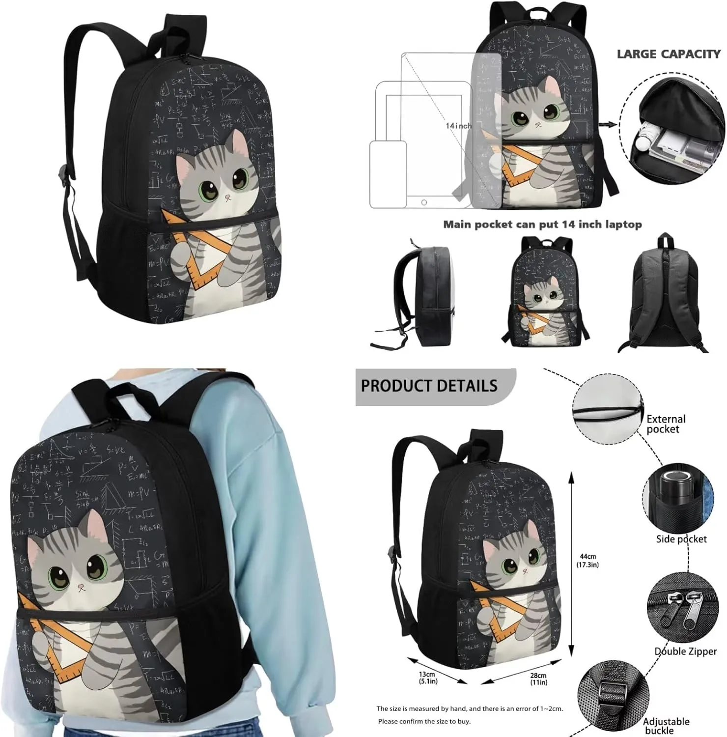 Ystardream Cute Cat Backpacks for Girls with Lunch Box Middle School Bookbag 17 Inch Bookbag with Side Pockets Design Pencil Case & Keychain for Teens Kids Back to School Supplies