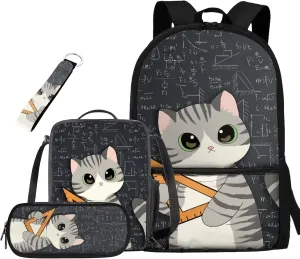 Ystardream Cute Cat Backpacks for Girls with Lunch Box Middle School Bookbag 17 Inch Bookbag with Side Pockets Design Pencil Case & Keychain for Teens Kids Back to School Supplies