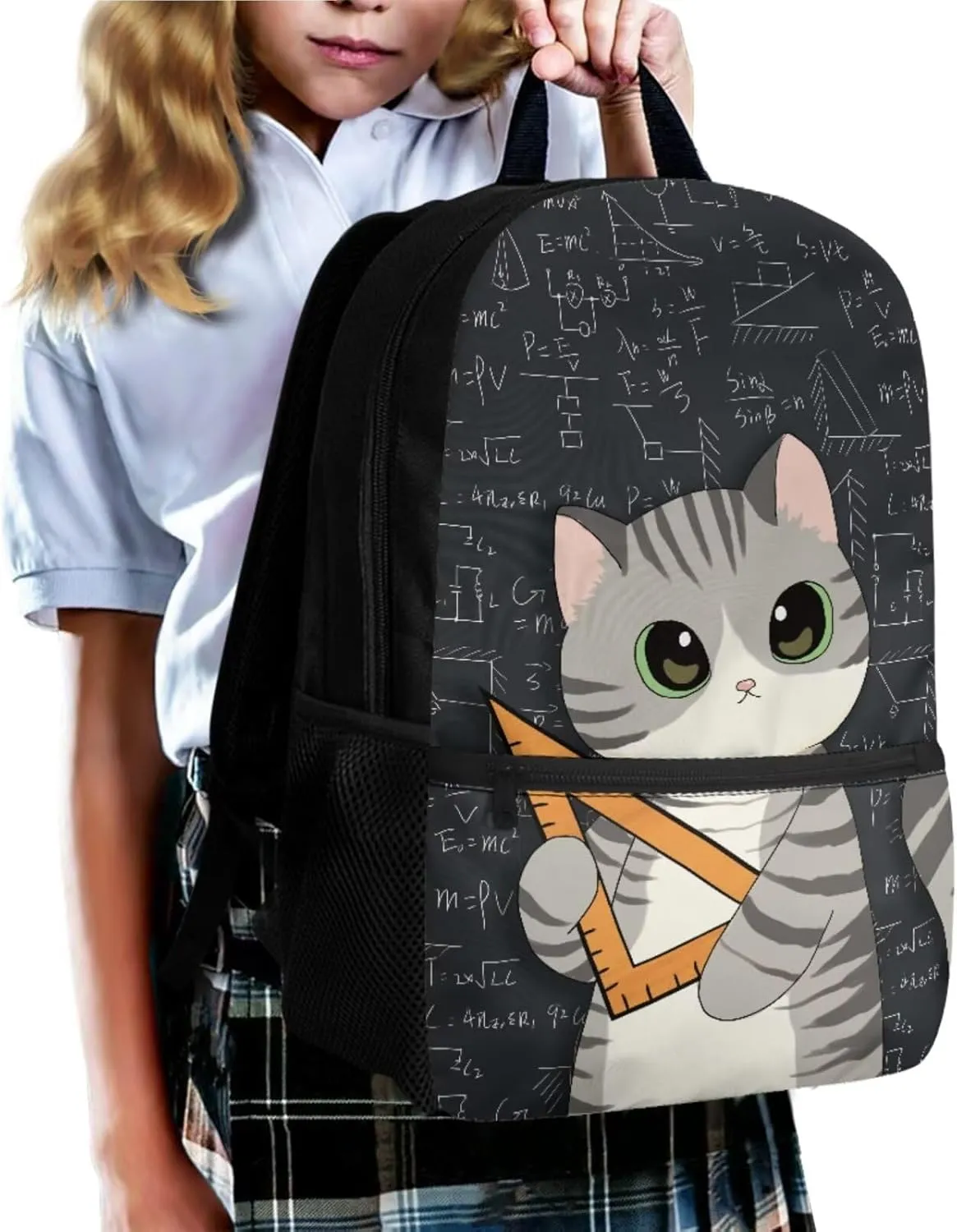Ystardream Cute Cat Backpacks for Girls with Lunch Box Middle School Bookbag 17 Inch Bookbag with Side Pockets Design Pencil Case & Keychain for Teens Kids Back to School Supplies