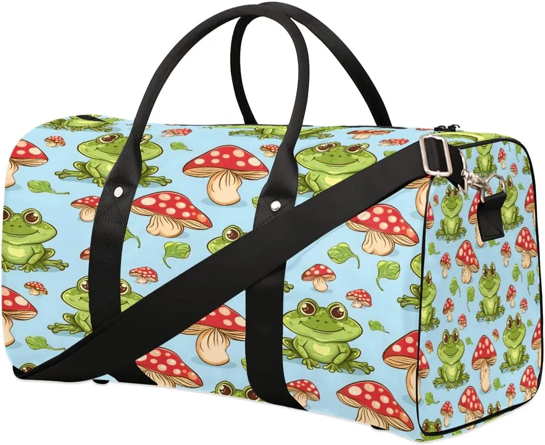 Yzrwebo Mushroom Travel Duffle Bag for Men Women Cute Frogs Overnight Weekender Bag Foldable Travel Duffel Bag Large Sports Gym Bag Waterproof Luggage Tote Bag Tear Resistant