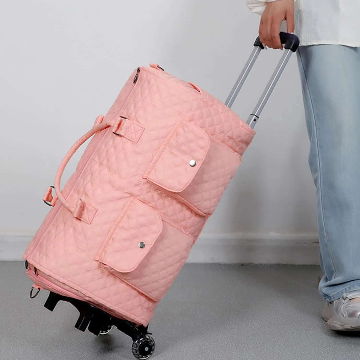 Zentotex Foldable Travel Bag, Zentotex Deluxe Foldable Travel Bag, High Capacity Folding Suit Luggage (Pearl pink (with wheels))