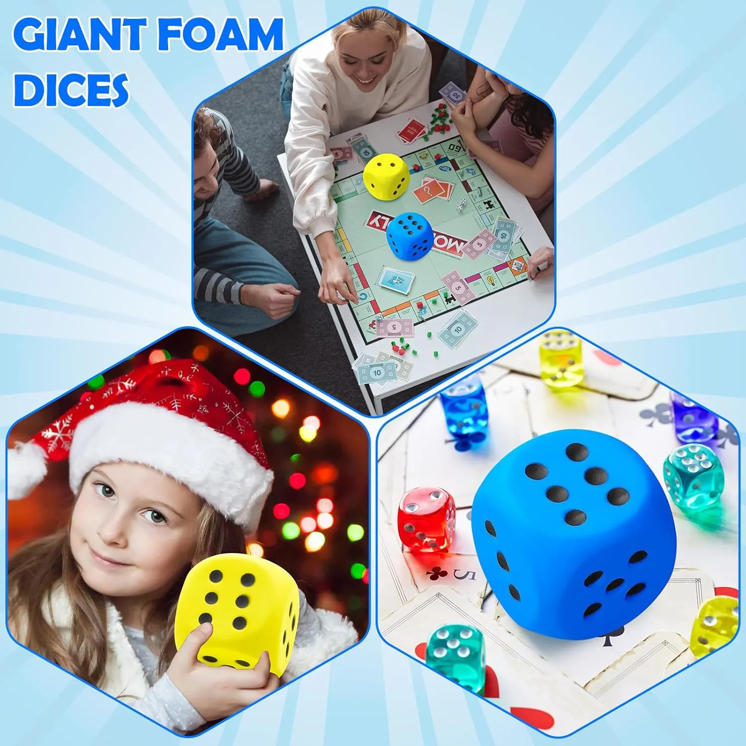 Zomiboo 2 Pcs Large Foam Dice Stress Balls Soft Jumbo 6 Sided Giant Dice Educational Learning Squeeze Anxiety Relieve Toy Gifts for Adults Kids Board Game Classroom(Blue, Yellow,3.93 Inch)
