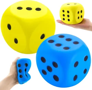 Zomiboo 2 Pcs Large Foam Dice Stress Balls Soft Jumbo 6 Sided Giant Dice Educational Learning Squeeze Anxiety Relieve Toy Gifts for Adults Kids Board Game Classroom(Blue, Yellow,3.93 Inch)