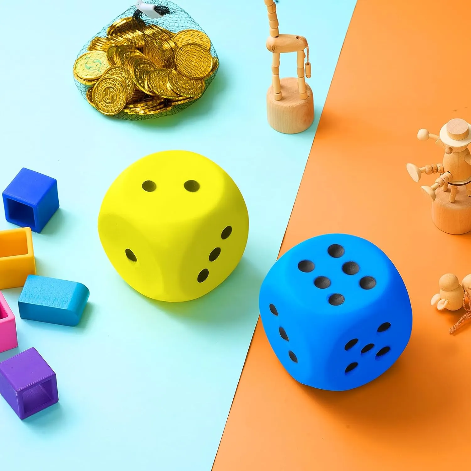 Zomiboo 2 Pcs Large Foam Dice Stress Balls Soft Jumbo 6 Sided Giant Dice Educational Learning Squeeze Anxiety Relieve Toy Gifts for Adults Kids Board Game Classroom(Blue, Yellow,3.93 Inch)