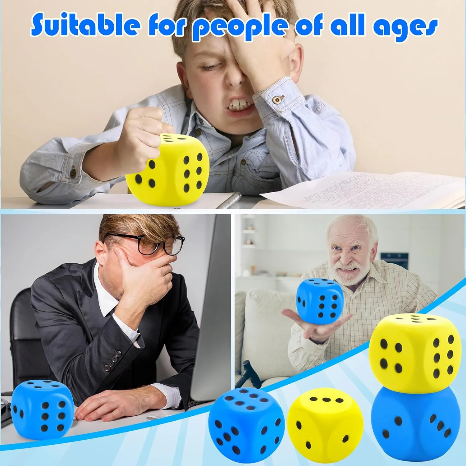 Zomiboo 2 Pcs Large Foam Dice Stress Balls Soft Jumbo 6 Sided Giant Dice Educational Learning Squeeze Anxiety Relieve Toy Gifts for Adults Kids Board Game Classroom(Blue, Yellow,3.93 Inch)