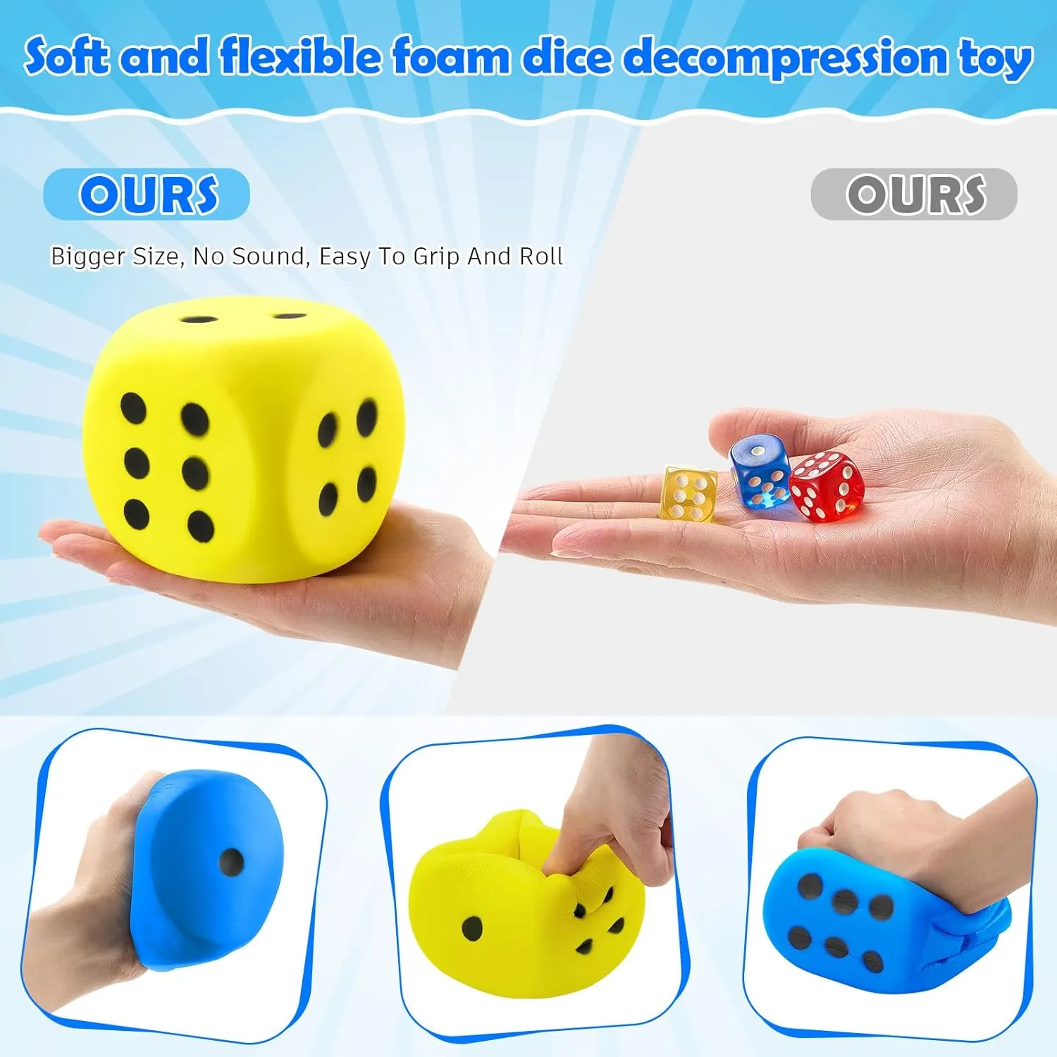 Zomiboo 2 Pcs Large Foam Dice Stress Balls Soft Jumbo 6 Sided Giant Dice Educational Learning Squeeze Anxiety Relieve Toy Gifts for Adults Kids Board Game Classroom(Blue, Yellow,3.93 Inch)