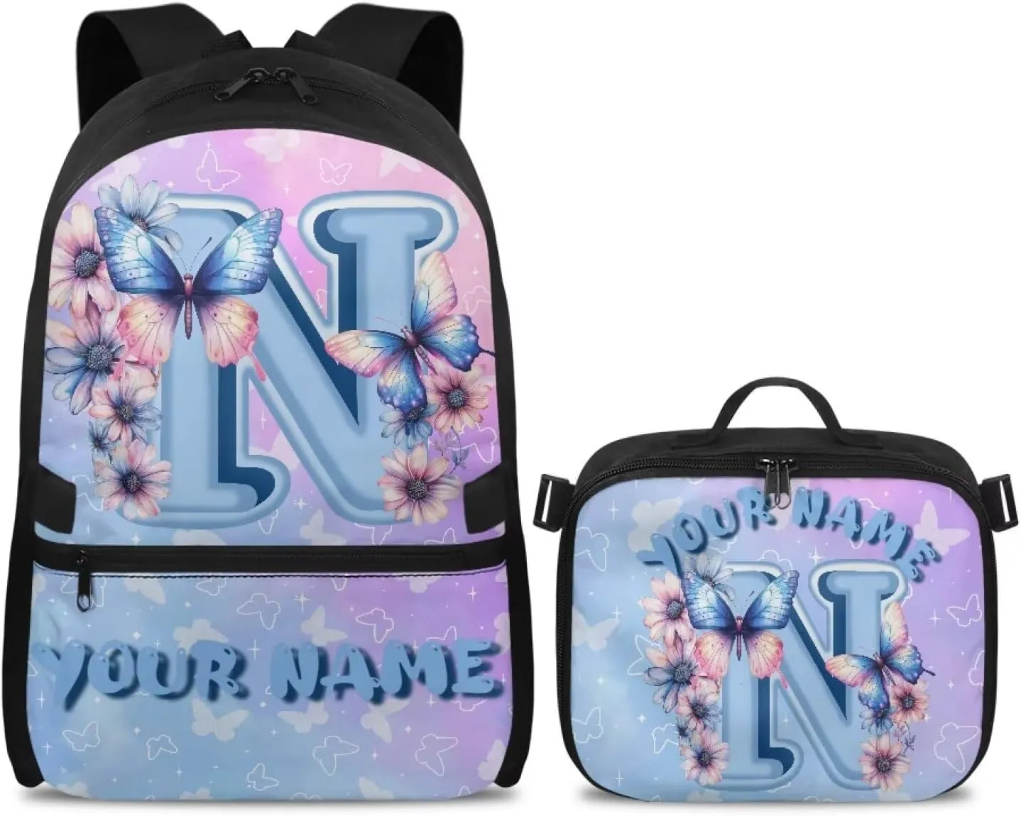 ZOUTAIRONG Kids Backpacks for Girls Letter N Print Personalized Large Capacity School Bag and Removable Dining Bag, Fashion Casual Bookbag with Side Pockets
