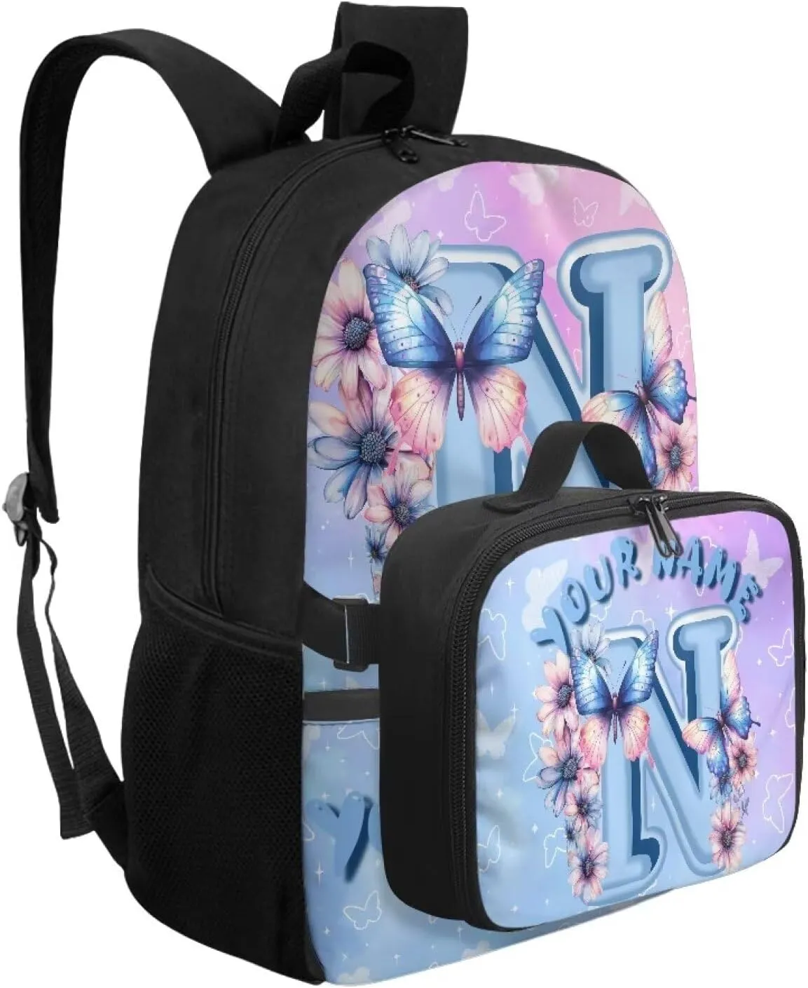 ZOUTAIRONG Kids Backpacks for Girls Letter N Print Personalized Large Capacity School Bag and Removable Dining Bag, Fashion Casual Bookbag with Side Pockets