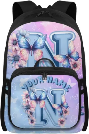 ZOUTAIRONG Kids Backpacks for Girls Letter N Print Personalized Large Capacity School Bag and Removable Dining Bag, Fashion Casual Bookbag with Side Pockets