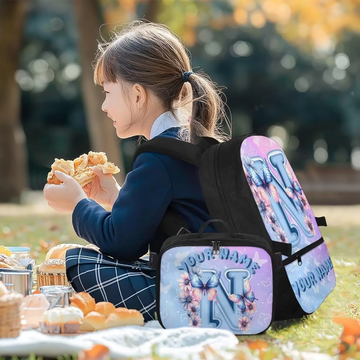 ZOUTAIRONG Kids Backpacks for Girls Letter N Print Personalized Large Capacity School Bag and Removable Dining Bag, Fashion Casual Bookbag with Side Pockets