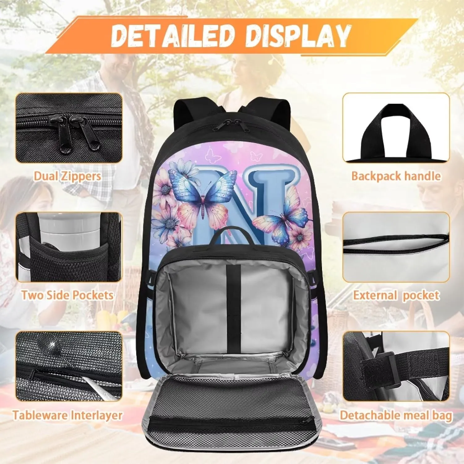 ZOUTAIRONG Kids Backpacks for Girls Letter N Print Personalized Large Capacity School Bag and Removable Dining Bag, Fashion Casual Bookbag with Side Pockets