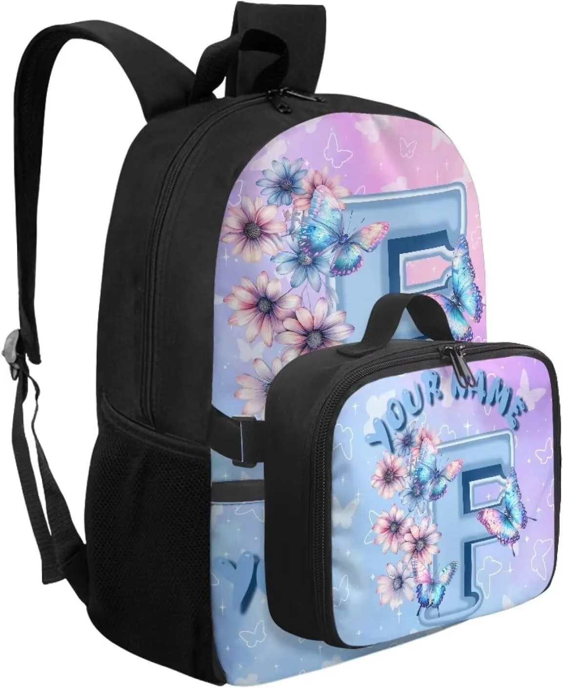 ZOUTAIRONG Kids Backpacks for Girls Personalized Large Capacity School Bag and Removable Dining Bag, Letter F Print Casual Bookbag with Side Pockets